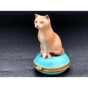 Authentic Limoges Porcelain Cat Trinket Box Peint Main France Beautiful Teal